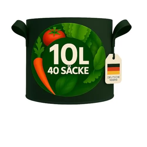 König Design 40x 10L Pflanzsack aus Vlies Stoff - 40er Set - Pflanzenwachstumstaschen aus 300 g/m² Filz, ideal für Balkon, Terrasse und Garten. Atmungsaktiv und langlebig, fördert optimales Wurzelwachstum und ist leicht zu transportieren.