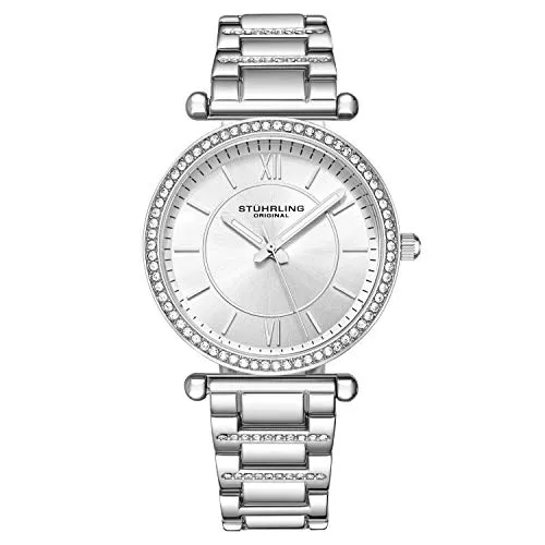 Stuhrling Damen Kleid Quarz Armbanduhr mit Kristallnieten Lünette und Edelstahl Armband (Silber), Silber, Quarzuhr