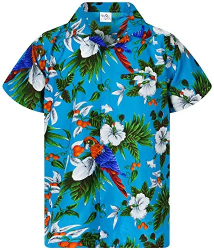 King Kameha Funky Hawaii-Hemd, Herren, Kurzarm, Cherry-Parrot, Türkis, M