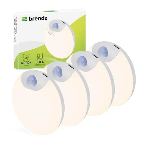 Brendz Rundes LED Nachtlicht mit Bewegungsmelder, USB-C Wiederaufladbar, Magnetisch, 4 Stück, Warmweiß 3000K, Dimmbare, Kabellose Schrankbeleuchtung, Treppenbeleuchtung, Sensor Licht