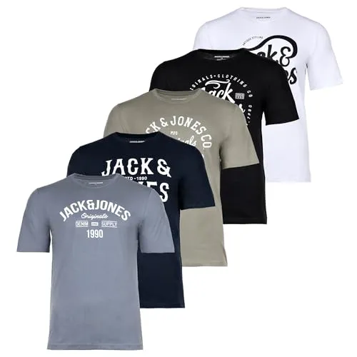 JACK&JONES Herren T-Shirt 5er Pack - JJLEOGRA Tee Kurzarm mit Logo-Print - 5er Pack JACK&JONES Herren T-Shirts in verschiedenen Farben. Angenehme Passform aus 100% Baumwolle für hohen Tragekomfort im Alltag.