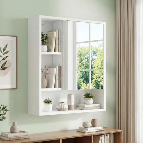 COSTWAY Spiegelschrank mit offenen Fächern und Spiegeltüren, 55x16x61 cm, Weiß