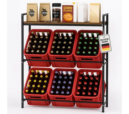 Roxlin Getränkekistenregal für 3/6 Kisten – Schwerlastregal aus Metall - Regal für Bier- & Wasserkisten mit hoher Tragkraft von 600 kg – ideal für Küche, Keller oder Vorratsraum. Platzsparendes Design mit Ablage für zusätzliche Vorräte.
