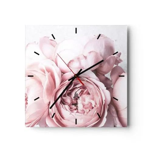 Modern Wanduhr Blumen Pfingstrosen Empfindlich 40x40cm Quadrat Groß Wand Uhr Glas Analog Zimmeruhren Küche Büro Wohnzimmer Glasuhr Wall Clock Dekoration Design Wanddekoration Küchenuhr C3AC40x40-5340