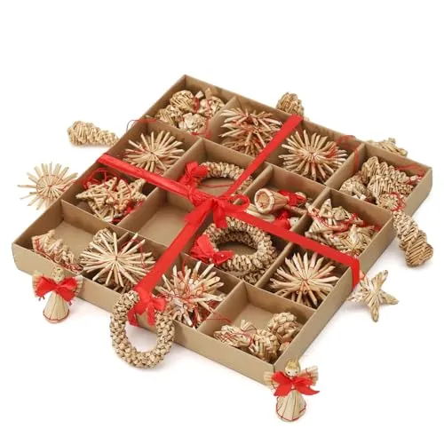 SALCAR 56-teiliges Strohsterne Set, Natürlicher Stroh Anhänger für Weihnachtsdekoration, handgemachter natürlicher Schmuck für Christbäume