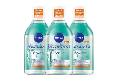 Nivea Gesichtswasser Mizellenwasser Derma Skin Clear 3 x 400ml, 3-tlg., beseitigt Pickel, Mitesser & fettige/ölige Haut