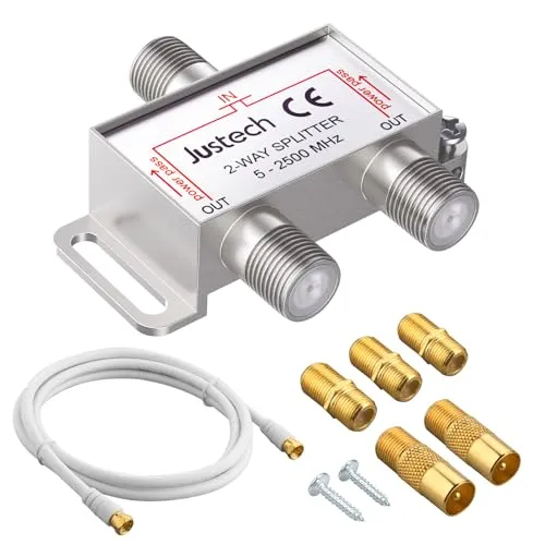 Justech 2-Fach TV Radio F-Stecker Adapter Kabel Antennen Verteiler SAT Splitter Metall TV-Verteiler inkl. Adapter + Kabel + 2 x F Stecker auf Koax Stecker + 3 x F Buchse auf Koax Kupplung