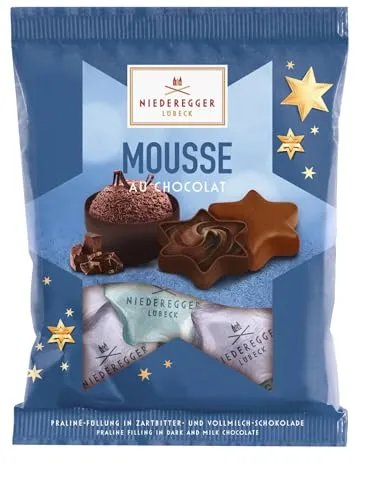 Niederegger | Weihnachtssterne Mousse au Chocolat | 1x 87g | Sorten Mousse hell & Mousse dunkel | Umhüllt von Zartbitter- & Vollmilch-Schokolade | Ideal zum Verschenken oder Selbstgenießen