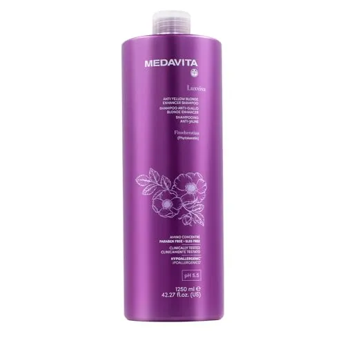 Medavita Shampoo Luxviva Anti-Yellow - 1250 ml - Hochwirksames Anti-Gelbstich Shampoo für blondes und graues Haar. Neutralisiert warme Töne und sorgt für glänzendes, weiches Haar dank dem Amino Concentrée Komplex.