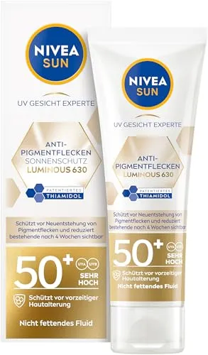 NIVEA SUN Sonnenfluid Gesicht Anti Pigmentflecken LSF 50+, 40 ml - Sonnenschutzmittel für das Gesicht mit LSF 50, schützt effektiv vor UV-Strahlen und hilft Anti-Pigmentflecken zu reduzieren.