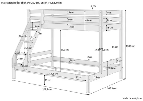 Erst-Holz Doppel-Etagenbett 140x200 und 90x200 - Betten: Schönes Doppeletagenbett aus Kiefer Massivholz, bietet Platz für bis zu 3 Personen mit flexibler Leiteranbringung und sicherer Oberliegefläche.
