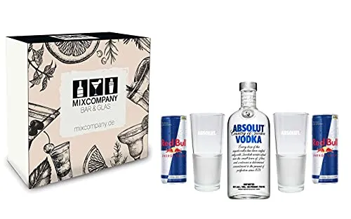 Absolut Vodka Red Bull Geschenk Set ? Absolut Vodka (40% Vol) 0,7l 700ml + 2 Absolut Gläser + 2 Red Bull 250ml - Inkl. Pfand EINWEG