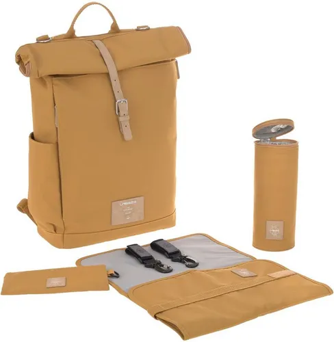 LÄSSIG Wickelrucksack Green Label Rolltop - Orange - Wickeltasche aus recyceltem Material, PETA-approved vegan, mit isoliertem Flaschenhalter und wasserabweisender Wickelunterlage für stilvolle Eltern.