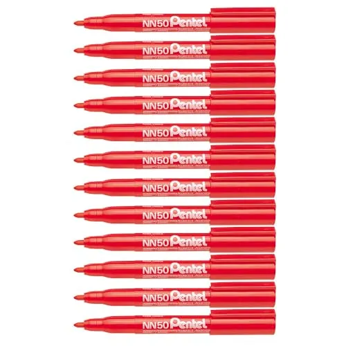 PENTEL NN50 Permanentmarker, Rundspitze, rote Tinte - Kategorie: Permanentmarker, umweltfreundliche Formel für nachhaltiges Schreiben in einer praktischen 12er Packung.