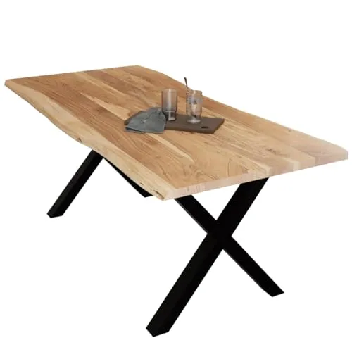 Liadomo Esstisch 220x100 Diala Natur, Baumkantentisch, Baumkante, Akazie Massivholz Tisch, 35 mm Tischplatte lackiert, Robust & Pflegeleicht, Unikat, X-Gestell Metall schwarz