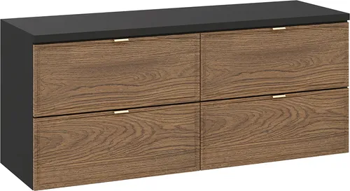 Lomadox Doppel-Waschtischunterschrank 120 cm Eiche Schwarz - Stylischer hängender Waschtischunterschrank mit 4 geräumigen Schubladen und Softclose-Technologie. Edle Holzoptik in Casella Eiche und matte schwarze Akzente sorgen für Ordnung und modernen Flair im Badezimmer.