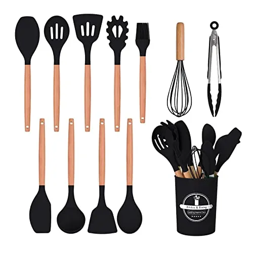 HYTTER 12 Stück Silikon Küchenhelfer set, Hitzebeständige Holzgriffe, Antihaft Kochgeschirr Set mit Behälter, Ungiftig, Hitzebeständigkeit bis zu 230°C für Jede Küche (Schwarz)