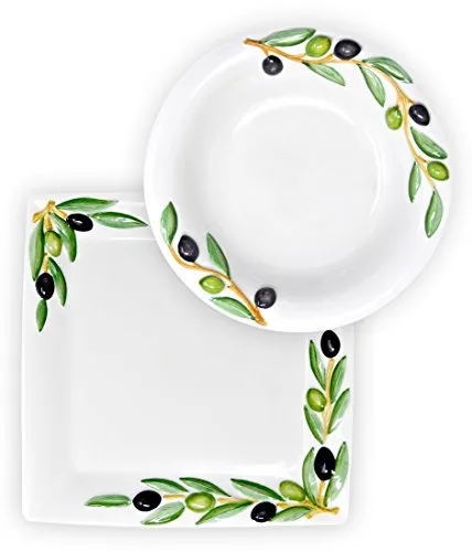 Lashuma 2er Set Kombiservice Olive: Handgemachtes Geschirr aus Italien - Suppenteller und Servierplatte aus robuster, handbemalter Keramik mit elegantem Oliven-Dekor. Ideal für mediterrane Anlässe und als Geschenk für Feinschmecker.