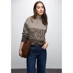 Street One Damen Color-Block Jacquard Sweater, Dark Nomad Brown Mel, Größe 42 - Stylischer Turtleneck Pullover für Damen mit trendigem Color-Block Jacquard Muster, perfekt für einen modischen Look in der kalten Jahreszeit.