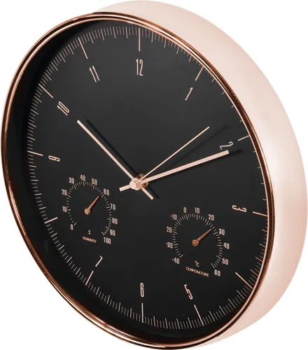 Leise Quartz Wanduhr mit Hygrometer & Thermometer in Gold