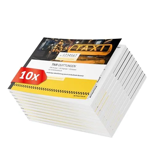 Primus Print TAXI Quittungsblock 10x DIN A6 quer & gelocht, 2x50 Blatt mit Durchschlag, selbstdurchschreibend, mit Perforation und Nummerierung - Quittung - Rechnungsblock - Taxi-Fahrpreisquittung