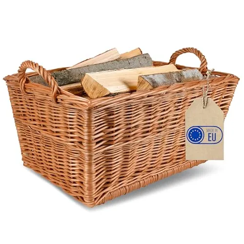 Creative Home Kaminholzkorb aus Weide | 47 x 33 x 30 cm | Stilvoller Brennholzkorb mit Jute-Innenfutter