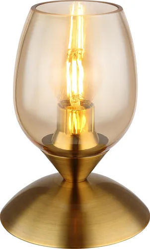 Tischlampe Messing Touch mit Amberglas - Tischleuchte aus messingfarbenem Metall mit elegantem amberfarbenem Glas. Ideal für stimmungsvolle Beleuchtung im Wohnzimmer, mit praktischem Touch-Schalter für einfachen Betrieb.