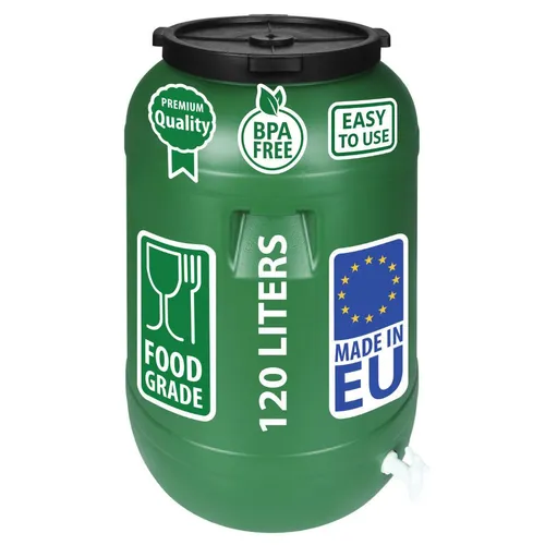 Weithalsfass Futtertonne 120 Liter mit Wasserhahn - Regentonne aus langlebigem HDPE-Kunststoff, ideal zur Aufbewahrung und Organisation. Mit praktischem Wasserhahn für einfachen Zugang zu Inhalten, perfekt für Camping und Zuhause.