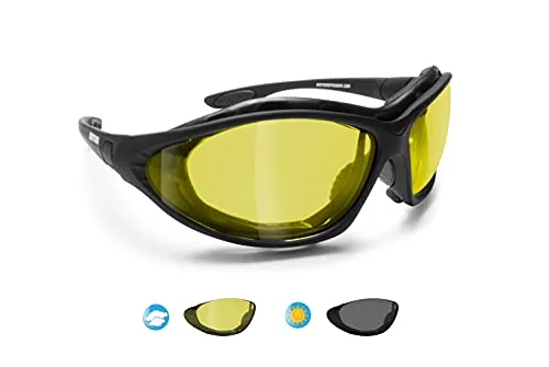BERTONI Photochrome Polarisierte Motorradbrille Schutzbrille Selbsttönende Antibeschlag UV Schutz mit austauschbare Bügel oder Kopfband - mod. 333 (Selbsttönende Polarisierte Gelbe Linsen)