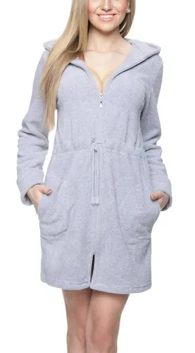 Aquarti Damenbademantel mit Kapuze und Reißverschluss - Stylischer grauer XXL Morgenmantel aus 40% Baumwolle, 40% Viskose und 20% Polyester, ideal für entspannte Tage zu Hause.