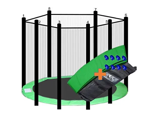 walexo Trampolin Randabdeckung + Sicherheitsnetz für 8 Stangensysteme (396 cm Ø, Hellgrün/Schwarz)