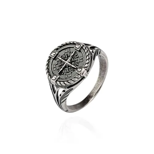 NKlaus Kompass-Ring für Herren aus massivem 925 Silber – oxidiertes Finish – Motivdurchmesser 24mm – Ringgröße 64 – markanter Schmuck für starke Persönlichkeiten