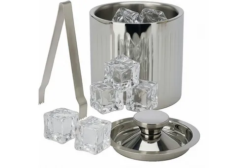 Koopman Eiseimer Eisbehälter Eiskühler Eiswürfelbehälter Deckel + Zange Edelstahl, 1500 ml, Doppelwandig, Deckel, Isoliert, geriffelt