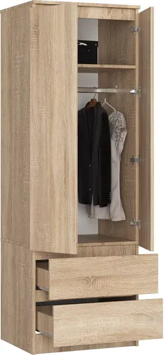 BDW, Kleiderschrank 2 Türen 2 Schubladen, 180x60x51 cm, Eiche Sonoma