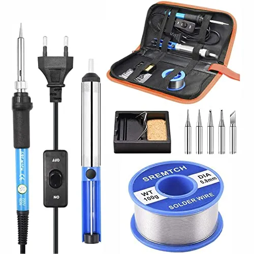 SREMTCH Lötkolben Set, 60W 220V Lötkolben mit Ein/Aus Schalter Einstellbarer Temperatur(200-450℃), 5 Stück Verschiedene Spitzen, Halter, Lötdraht, Entlötpumpe für Verschiedene Reparierte Zwecke