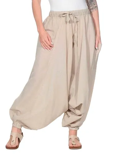 Kunst und Magie Orientalische Haremshose - One Size in Hanffarben - Unisex Aladinhose im klassischen indischen Schnitt, aus 100% handgewebter Baumwolle, mit Gummizug und Kordel für optimalen Tragekomfort.