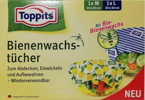 Toppits Bienenwachstücher 2'er Set - Nachhaltige Bienenwachstücher zum Abdecken, Einwickeln und Aufbewahren von Lebensmitteln - umweltfreundlich und wiederverwendbar.