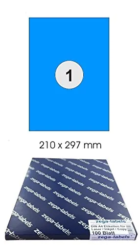 Etiketten 210 x 297 mm BLAU selbstklebend auf DIN A4 Bögen (1 Etikett DIN A4) - 100 Blatt Pack - Universell für Laser/Inkjet/Kopierer einsetzbar - 210x297mm 1-teilig 100