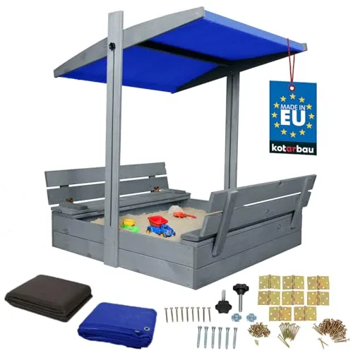 KOTARBAU® Sandkasten mit Abdeckung 100 x 100 cm Großer Grau Holzsandkasten mit Blau Dach Sandkasten mit Deckel Sandkasten mit Dach Gartenspielzeug Kinder imprägniert verschließbar mit Bänken