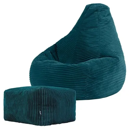 icon Dalton Sitzsack Kinder mit Hocker, Blauigrün – Flauschiger Cord Stoff für Komfort