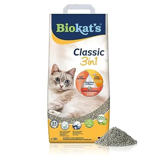 Biokat s Classic 3in1 Katzenstreu - 10 l, stark klumpend aus 100% Natur-Ton, umweltfreundlich und mit bis zu 32 Tagen Ergiebigkeit