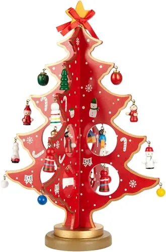 BRUBAKER Mini Weihnachtsbaum aus Holz - Tannenbaum zum Schmücken und Dekorieren - Christbaum Tischdeko Klein für Weihnachten inkl. Baumschmuck - Weihnachtsdekoration für Tisch und Fensterbank - Rot