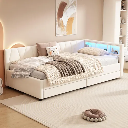 STILVORA Schlafsofa Polsterbett 90 x 200 cm Tagesbett mit USB+Typ C & LED-Umgebungslicht,Jugendbett mit 2 Schubladen,Leinen, Beige (ohne Matratze)