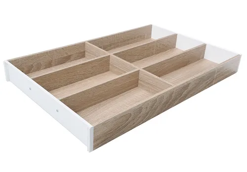 Blum AMBIA-LINE Besteckeinsatz für LEGRABOX - Möbelteile mit 6 Fächern, ideal für eine ordentliche Kücheneinrichtung in Bardolino Eiche und Seidenweiß matt.