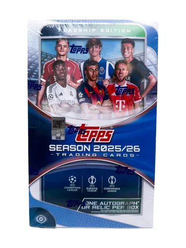 Topps UCC Flagship 2025/26 Hobby Box - NEU & SEALED - Limitierte Hobby Box mit Sport Trading Cards, darunter Autogramme von Stars wie Haaland und Messi. Ideal für Sammler und Fans der UEFA Champions League!
