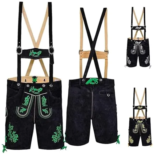 German Wear Kurze Trachten Lederhose mit Hosenträger Trachtenhose Schwarz mit Stickerei, 54/XL, Grün