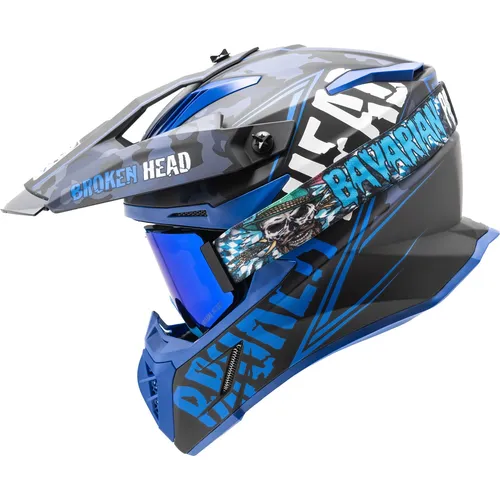 Broken Head Crosshelm Squadron V3 Blau mit MX-Brille Bavarian Patriot - Leichter Crosshelm (1450g) in Blau und Schwarz, ideal für Dirt, Motocross und Quad. Ausgestattet mit getöntem Visier, herausnehmbarem Innenfutter und Bluetooth-Vorbereitung. Inklusive MX-Brille und Helmbeutel.