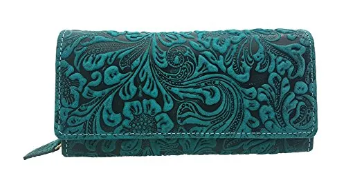 Jockey Club Damen Geldbörse Liane – Hochwertige Lederbörse mit RFID-Schutz - Damen-Geldbörse aus echtem Leder mit floralen Motiven und RFID-Schutz für Sicherheit. Praktische Fächeraufteilung und vintage Charme durch natürliche Patina.