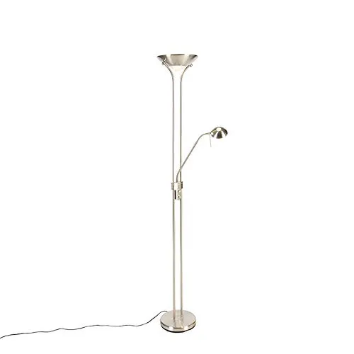 Qazqa LED Stehleuchte Diva mit Lesearm - Silber, dimmbar - Moderne 2-flammige Stehleuchte in Silber mit integriertem 23W LED. Ideal für Wohnzimmer, Büro oder Küche, bietet sie flexibles Licht und passt perfekt in jedes moderne Zuhause.