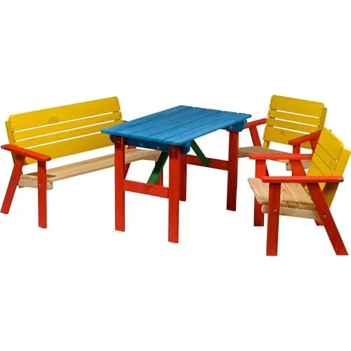 dobar® 94370FSC Kinder Outdoor Sitzgruppe - Wetterfeste Picknickgarnitur für Kinder aus FSC-zertifiziertem Massivholz, ideal für Garten oder Terrasse. Bietet Platz für 4 Kinder und überzeugt mit abgerundeten Ecken für Sicherheit beim Spielen.
